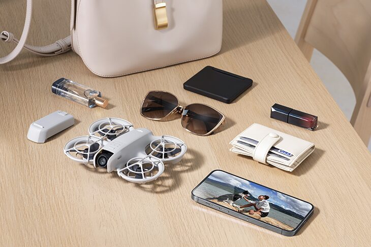 DJI Neo ultrakompaktais drons ar vieglu un salokāmu dizainu, piemērots 4K video un augstas kvalitātes fotogrāfiju uzņemšanai.