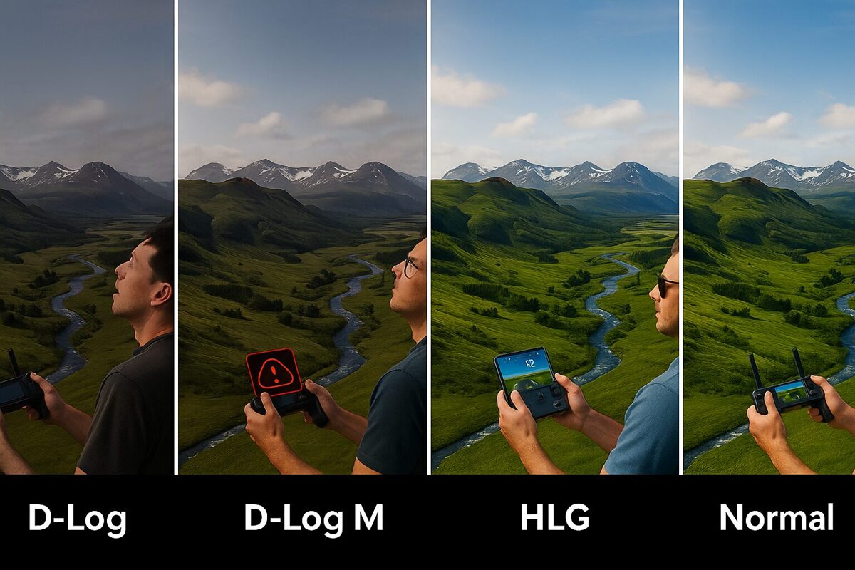 DJI dronu krāsu profilu – D-Log, D-Log M, HLG un Normal – atšķirības video kvalitātē, dinamiskajā diapazonā un pēcapstrādes iespējās.